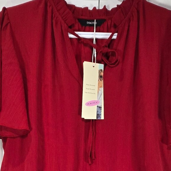 NWT Dark Red Ruffle Summer Dress – Size Large, Tie-Up Neck - Picture 3 of 7